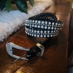 Sleek Black Leather Belt with Crystal Accents